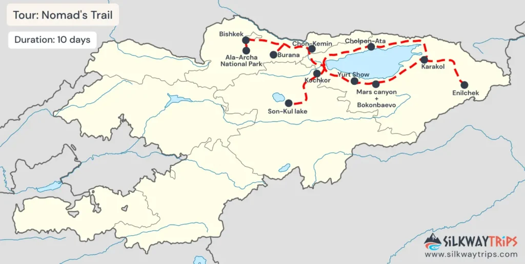 Map showing the 10-day Nomad's Trail cultural tour in Kyrgyzstan, with stops at Bishkek, Ala-Archa, Son-Kul Lake, Karakol and other.