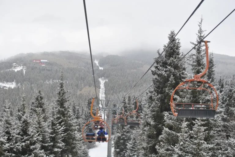 Orange chairlifts at Karakol Ski Resort ascending amidst snow-covered conifers on a misty day.