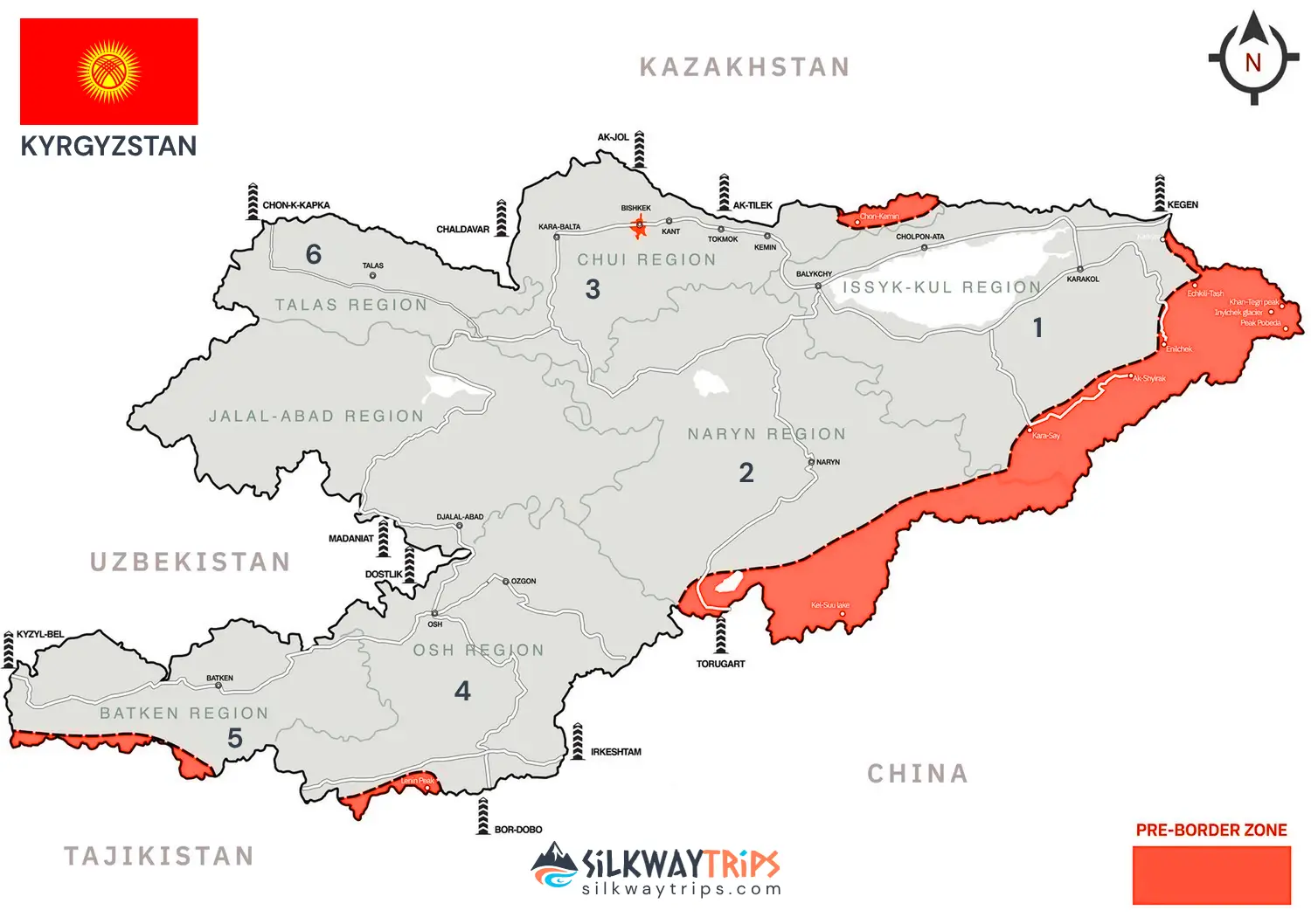 Map of Kyrgyzstan border zones requiring a permit
