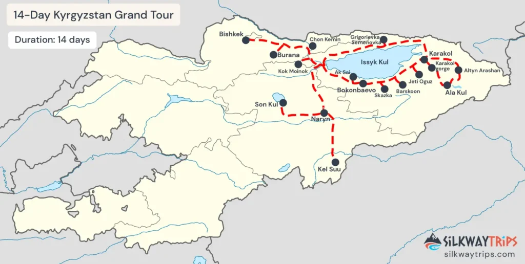 Tour Map - 14-Day Kyrgyzstan Grand Tour