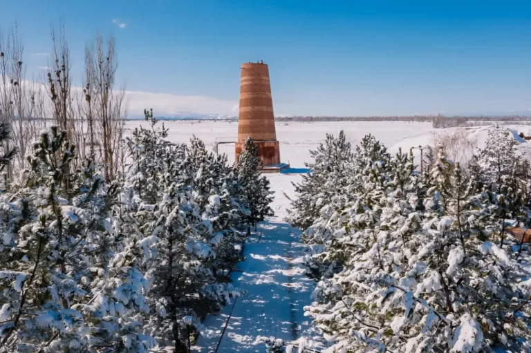 Burana tower in winter in Kyrgyzstan